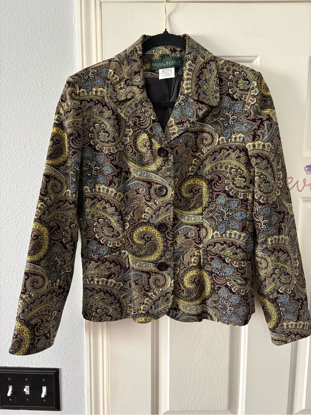 Vintage Harve Bernard Womens Paisley Tapestry Button-Up Jacket - Blue Gold Sz 6